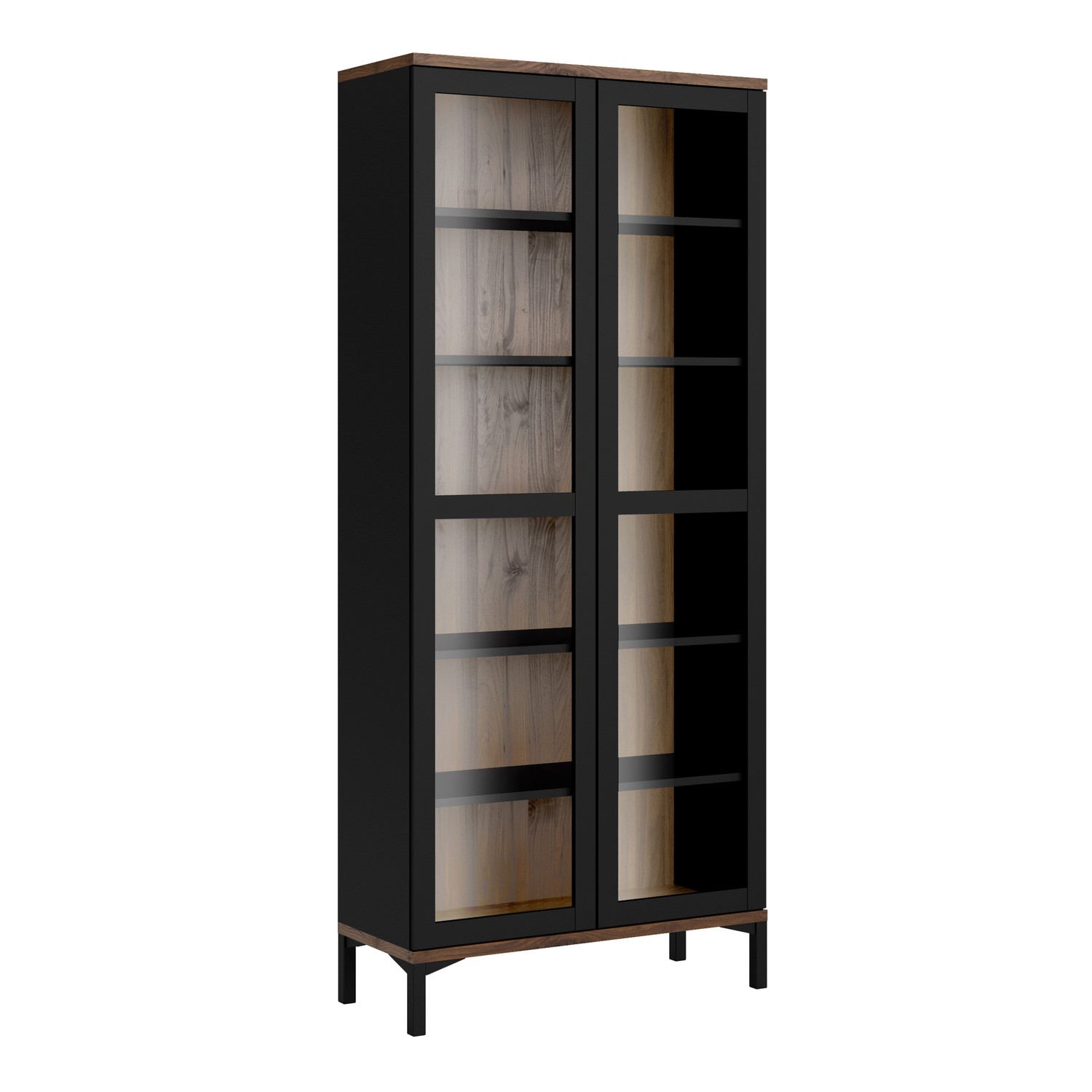 Read more about Tall black and walnut display cabinet with glass doors roomers